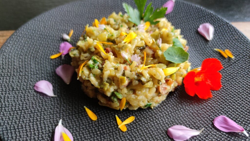 Risotto met courgette, spinazie en spekjes